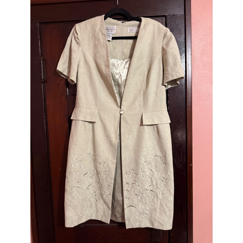 Karin Stevens Light Green Dress and Duster Jacket Set Floral Embroidered Size 14